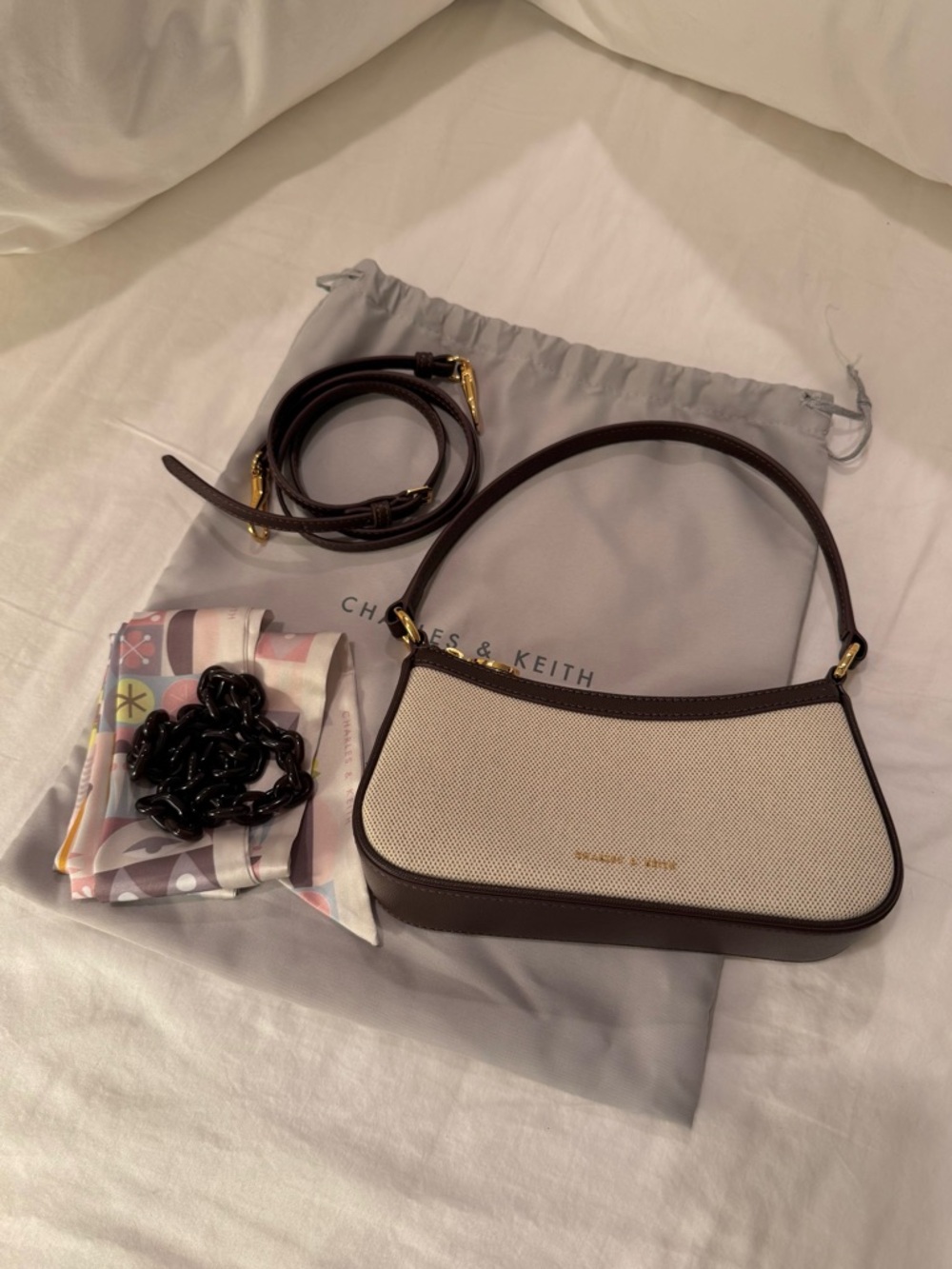 Charles & Keith Alcott Scarf Canvas Bag Cream and Brown